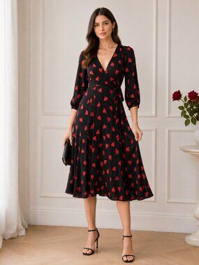 Mirae Victoria Heart Black with Red Heart Print Wrap Midi Dress Sz 40